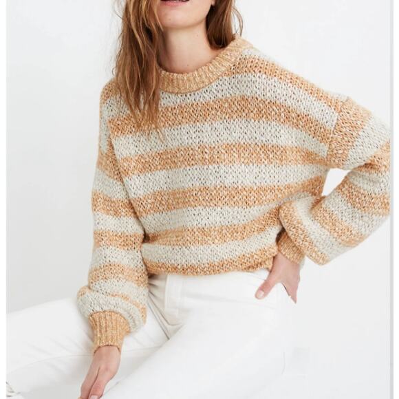 MADEWELL Baez Orange Stripe Wool Blend Pullover Sweater Womans Large Slouchy - Picture 1 of 9